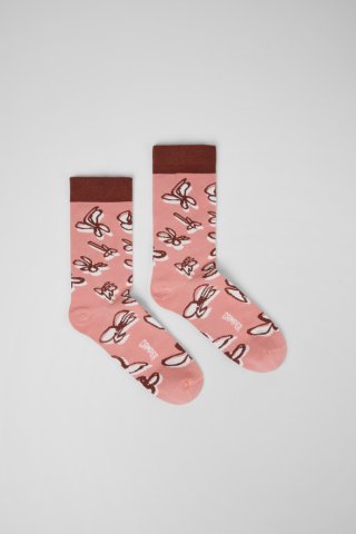 Camper Socks - Rosa-weiße Socken aus Bio-Baumwolle mit roter Musterung. Camper Socks - Rosa-weiße Socken aus Bio-Baumwolle mit roter Musterung.