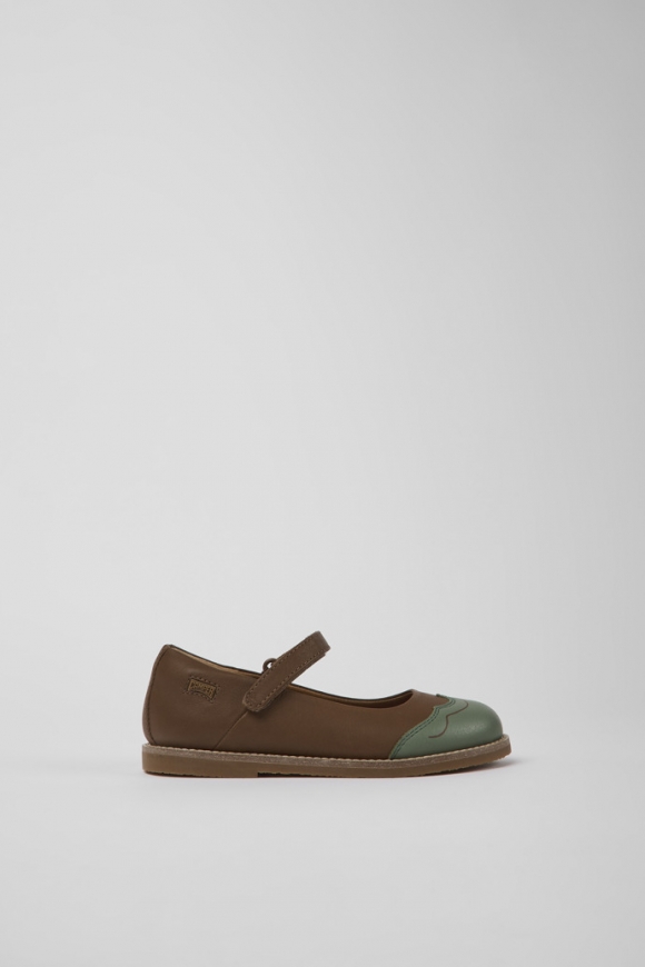 Camper Twins - Braun-grüner Kinderballerina aus Leder